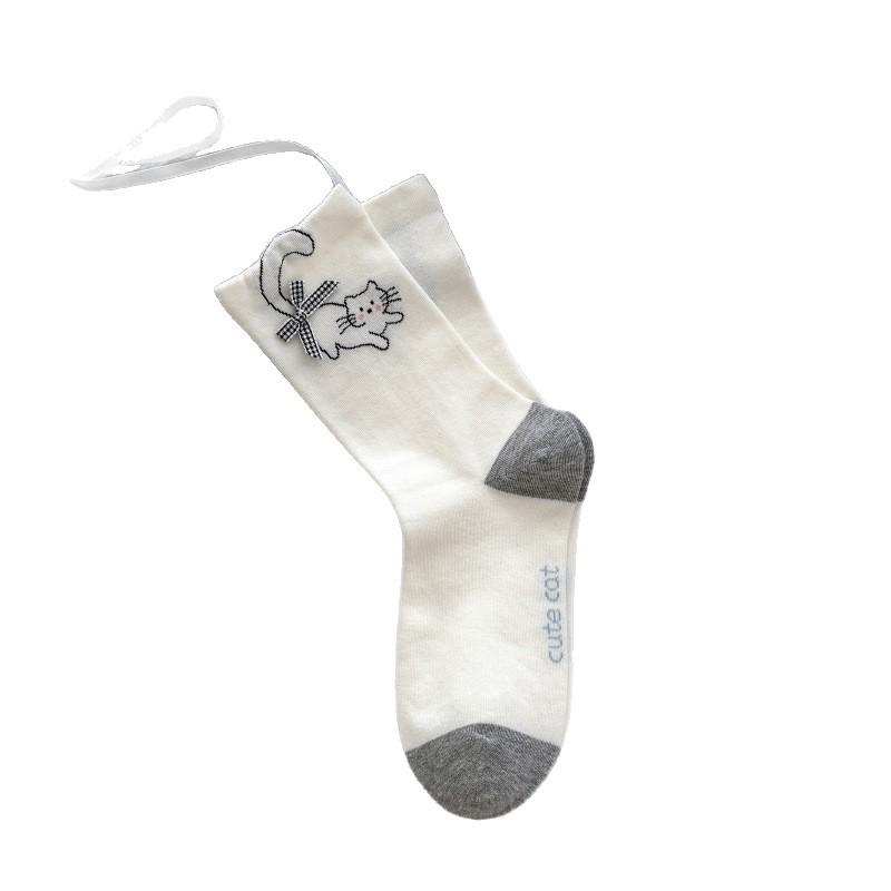 Women's Thin Seamless Cotton Socks - Cartoon Animals & 3D Bow, Mid-Calf Slouch, College Style for Spring & Summer