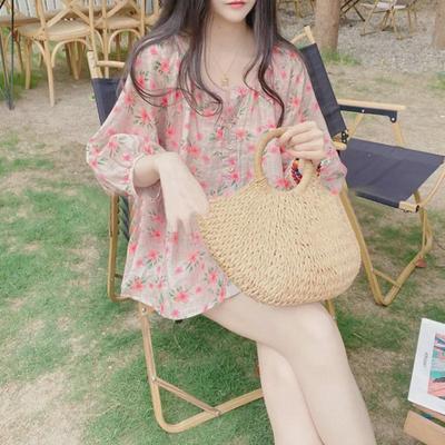 Women's 2024 Summer Floral Ramie V-Neck Lantern Sleeve Blouse