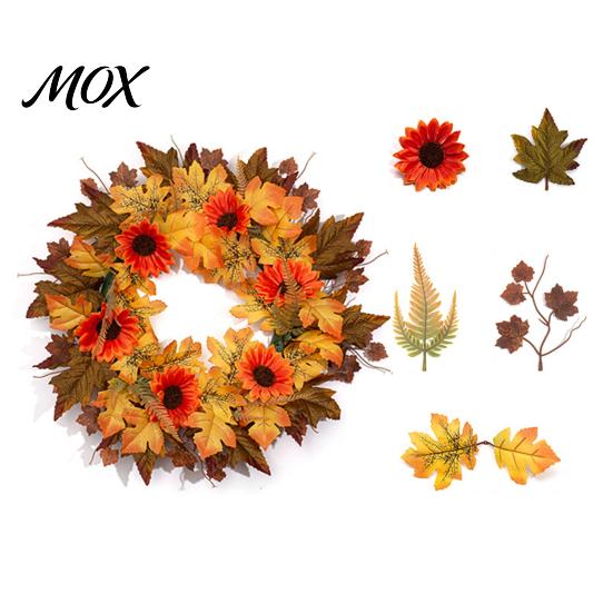Thanksgiving Front Door Wreath Fall Sunflower Maple Leaf with Pumpkin Pinecone, Harvest Artificial Decorative Hanger Wreath, Indoor Outdoor
