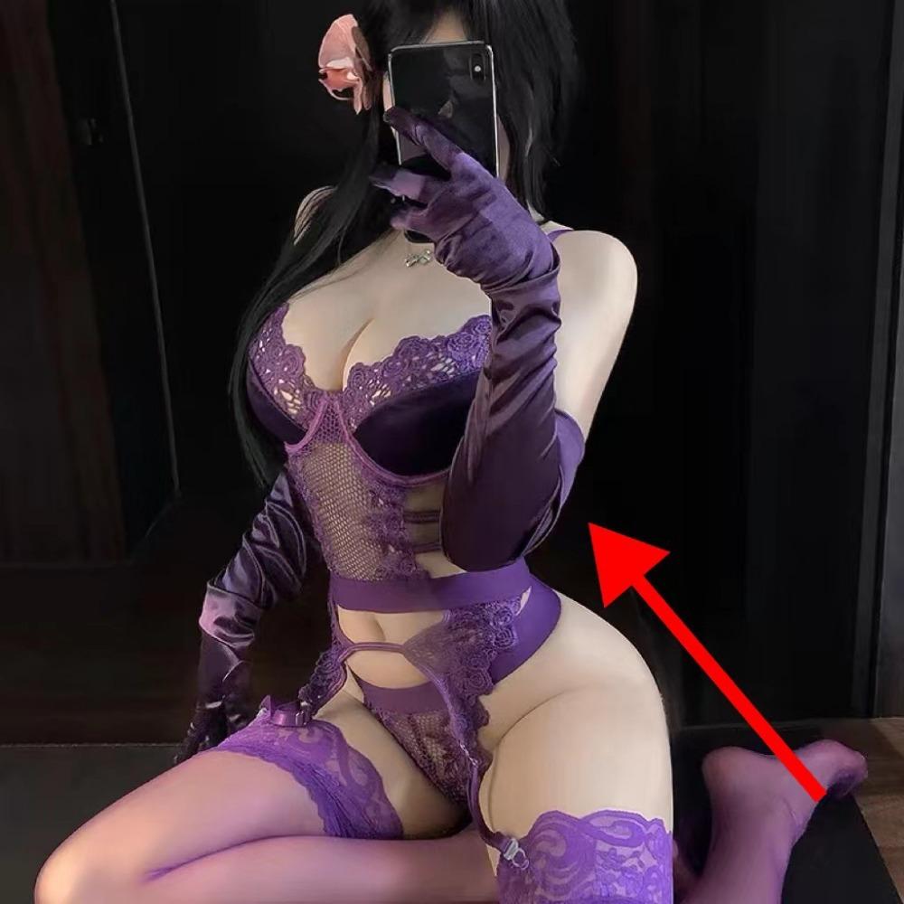 Domila Purple Grape Sexy Underwear Silk Splicing Perspective Bra Set with Gloves Socks Sexy Set