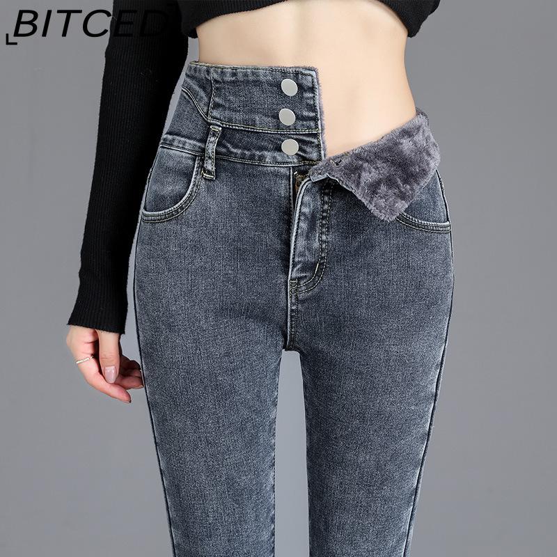 

BITCED High-waisted Fleece Jeans, Women s Autumn and Winter Skinny Jeans, Straight-leg Tight, Thickened and Slimming Pencil Pants 25 шифер сірий колір