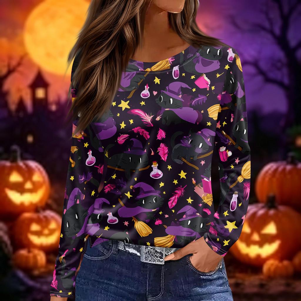 Women's Halloween Print Long Sleeve Pullover Top Round Neck Split Hem Casual Loose Fit Lightweight Sweatshirt