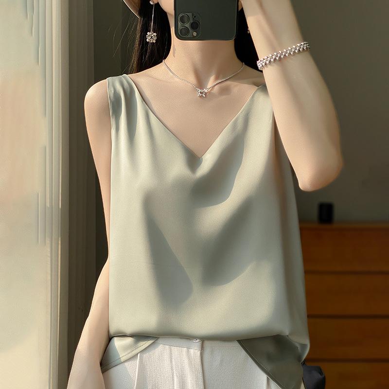 Women's Stylish Satin V-Neck Spaghetti Strap Vest - Sexy Back Inner Layer for Spring/Summer Suits
