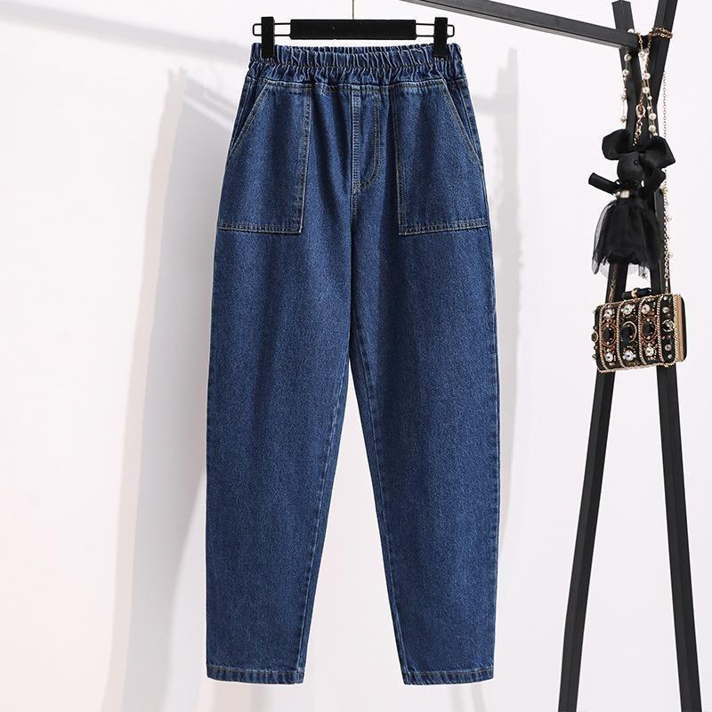 Damen Jeans mit Hoher Taille Elastischer Bund Lockerer Schnitt Harem Denim Hose mit Taschen