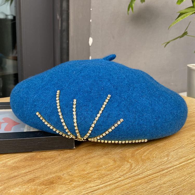 Winter French Black Fleece Painter Artist Cheapeau Red 100% Wool Chunky Blingbling Diamonds Beret Girls Hat for Women