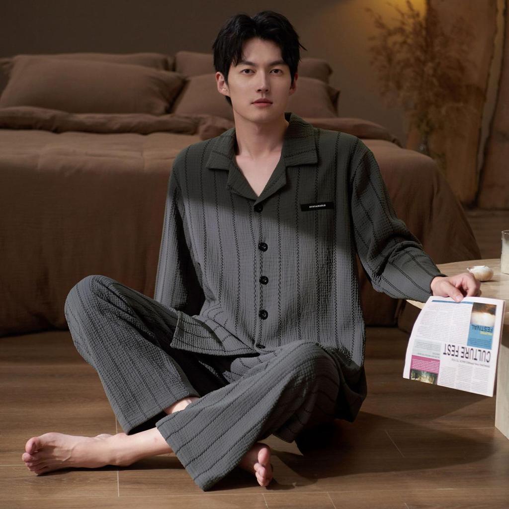 Men's Long-Sleeve Woven Gauze Pajama Set for Spring/Autumn