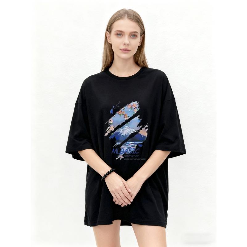 Oversized T Shirt Black Mount Fuji Floral Print With ML BASIC Text Casual Streetwear Fashion For Women