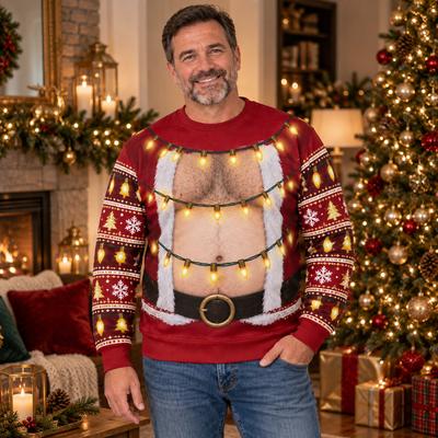 Christmas Lights Santa Belly Ugly Christmas Sweater Men 3D Print Polyester Crewneck Sweatshirt Funny Holiday Party Pullover