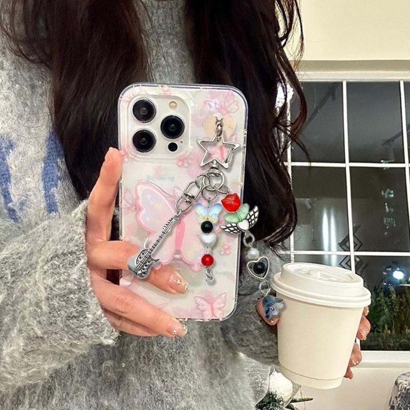 Unique Guitar Star Beaded Keychain Phone Charm Cellphone Chain Bag Pendant Keyring Accessory for Music Enthusiasts