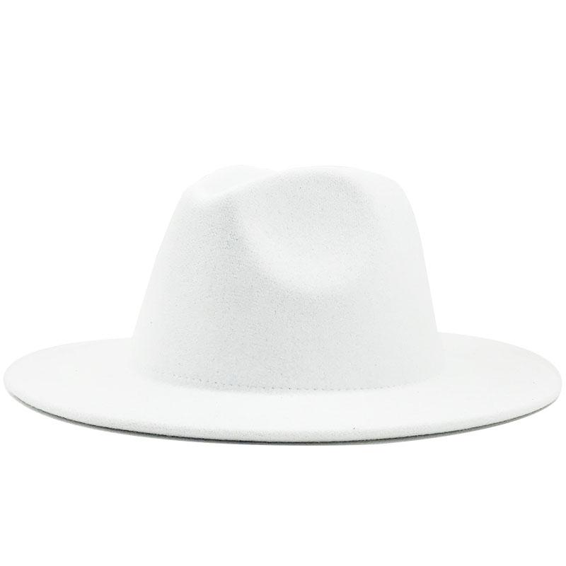 Simple Outer White Inner Black Wool Felt Jazz Fedora Hats with Thin Belt Buckle Men Women Wide Brim Panama Trilby Cap 56-58-60CM
