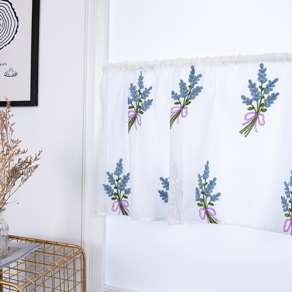 Kitchen Tiers Cabinet  Embroidery Curtain Window Short Curtain Half  Window Treatment(Blue)
