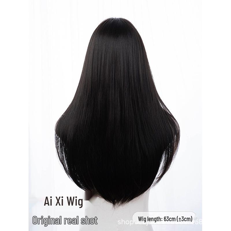 Women's Korean Lolita Style Black Tea Long Straight Wig - Breathable Full Head Middle Part