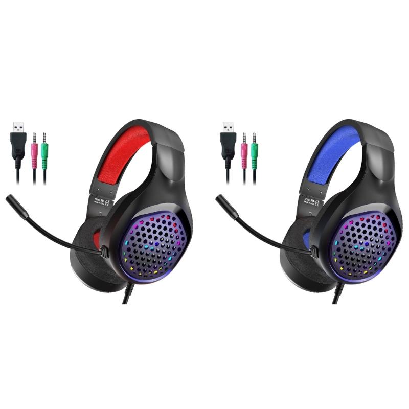 Gaming Headphone with Microphone for PC Corded Noise Cancelling Over Ear Headphone with LED Light for Computer