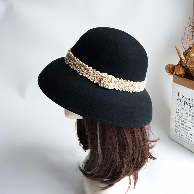 Hepburn Elegant French Retro Black Bell-Shaped Basin Hat Women'S Autumn And Winter Xiaoxiang British Woolen Top Hat Felt Fisherman