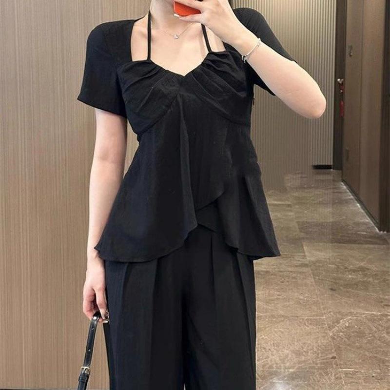 Giant Skinny Pear Shape Body Set Large Size Summer Set Short Sleeve Shirt + Trousers Two-piece Set Women
