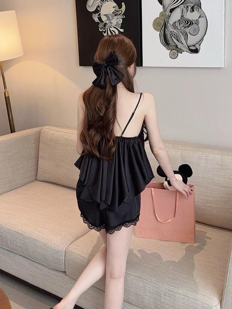 Ice Silk Lace Patchwork V-neck Camisole Shorts Set with Chest Pads - Women's Summer Home Pajamas