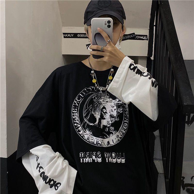 Fake Two-piece Original Diablo Anime Letter Printed Top Spring and Autumn Loose Hip-hop All-match Men's Long-sleeved T-shirt