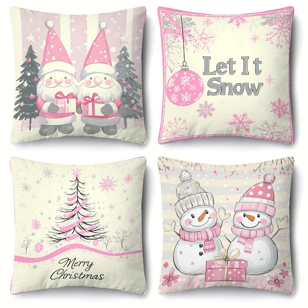 Pink-Printed Christmas Pillowcases: Let It Snow & Santa Gnomes! sofas, bedroom pillow covers, holiday gifts