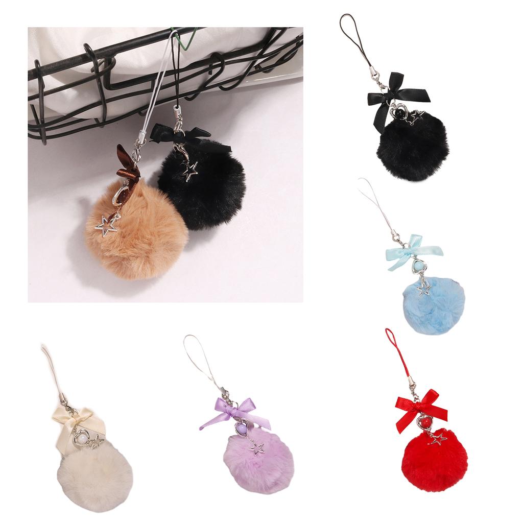 Colorful Ribbon Bowknot Keychain Charm Fun and Playful Furry Ball Pendant Keyrings Accessory Bags Hangings Decoration