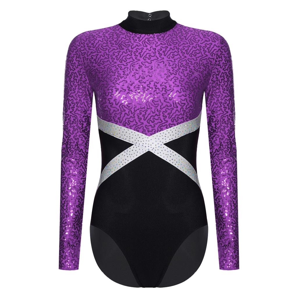 Glänzender Pailletten-Gymnastik-Leotard für Damen, Kontrastfarbe, Langarm, Rücken Ausgeschnitten, Einteiliger Body, Eiskunstlauf-Bekleidung