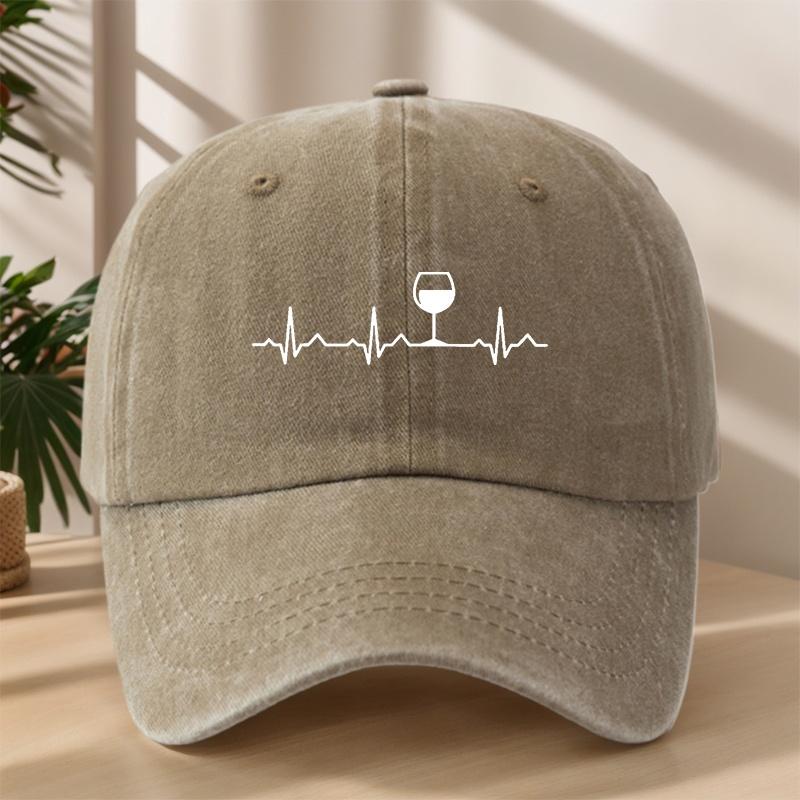 

Heartbeat Red Wine Glass Printed Baseball Cap Classic Washed Retro Hat Lightweight Soft Sweat-Absorbent Peaked Cap