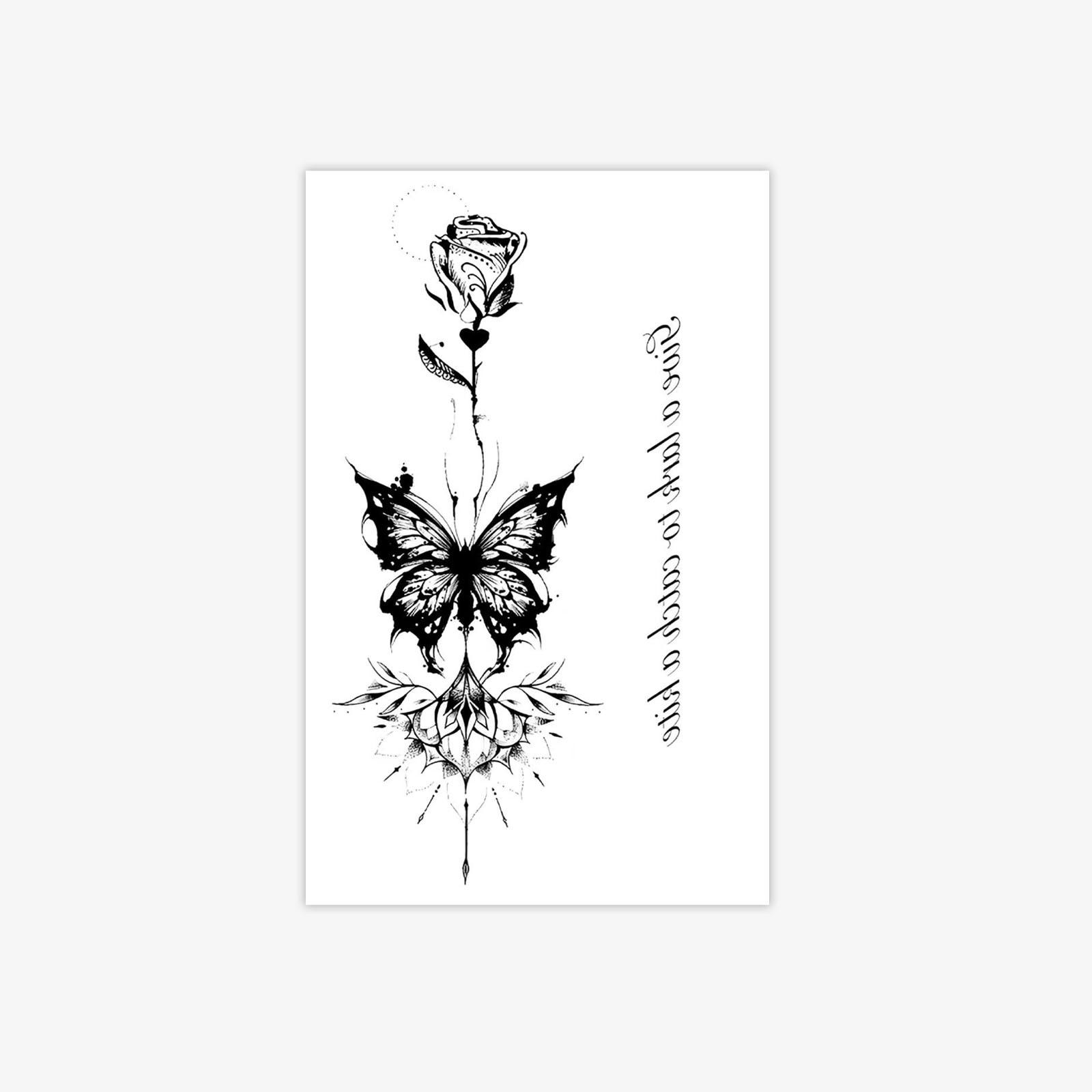 Rose Butterfly English Spine Tattoo Sticker High-End Waterproof And Long-Lasting Back Line Text Pattern 12*19