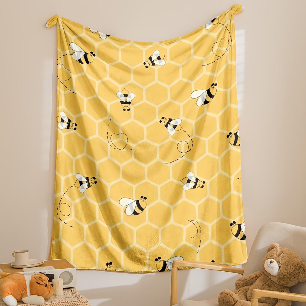 Vintage Yellow Bee Flannel Blanket - Soft Digital Print | All-Season | Napping/Camping/Travel/Home Decor & Gift
