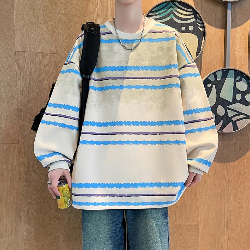 Men's Casual Sweatshirt Versatile Pullover Round Neck Long-sleeved T-shirt Contrasting Color Top