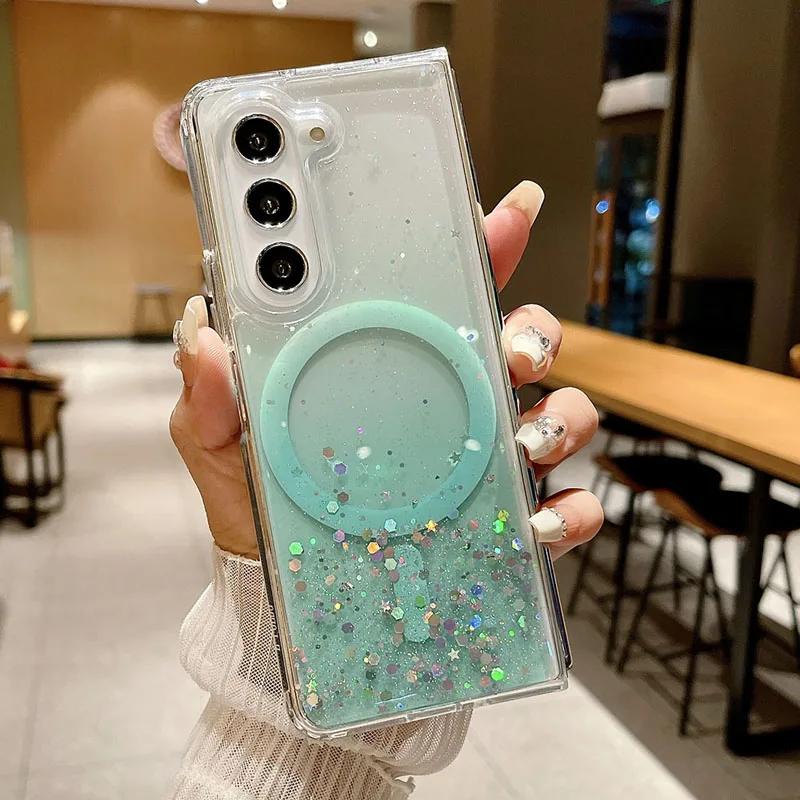 For Samsung Z Fold 6 5 Cover Gradient Glitter Magnetic Magsafe Case For Samsung Z Fold5 Z Fold4 Z Fold3 Wireless Charging Cover