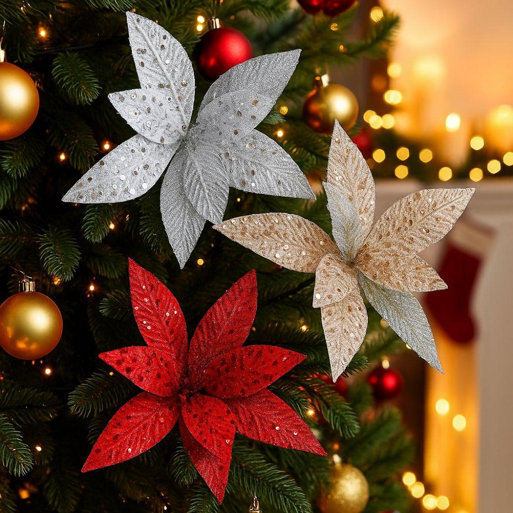 Sequin Mesh Christmas Artificial Flowers 25cm Poinsettia Flower  Festive Decoration
