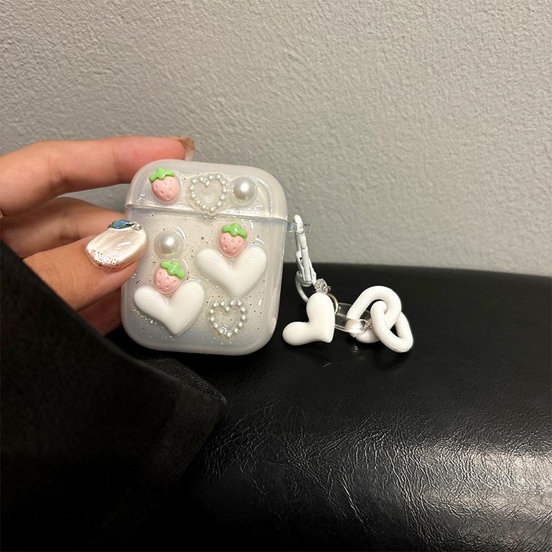 Love Strawberry Pearl Apple Bluetooth Headset Cover For Airpods 4 Glitter Pendant Airpods Pro Women