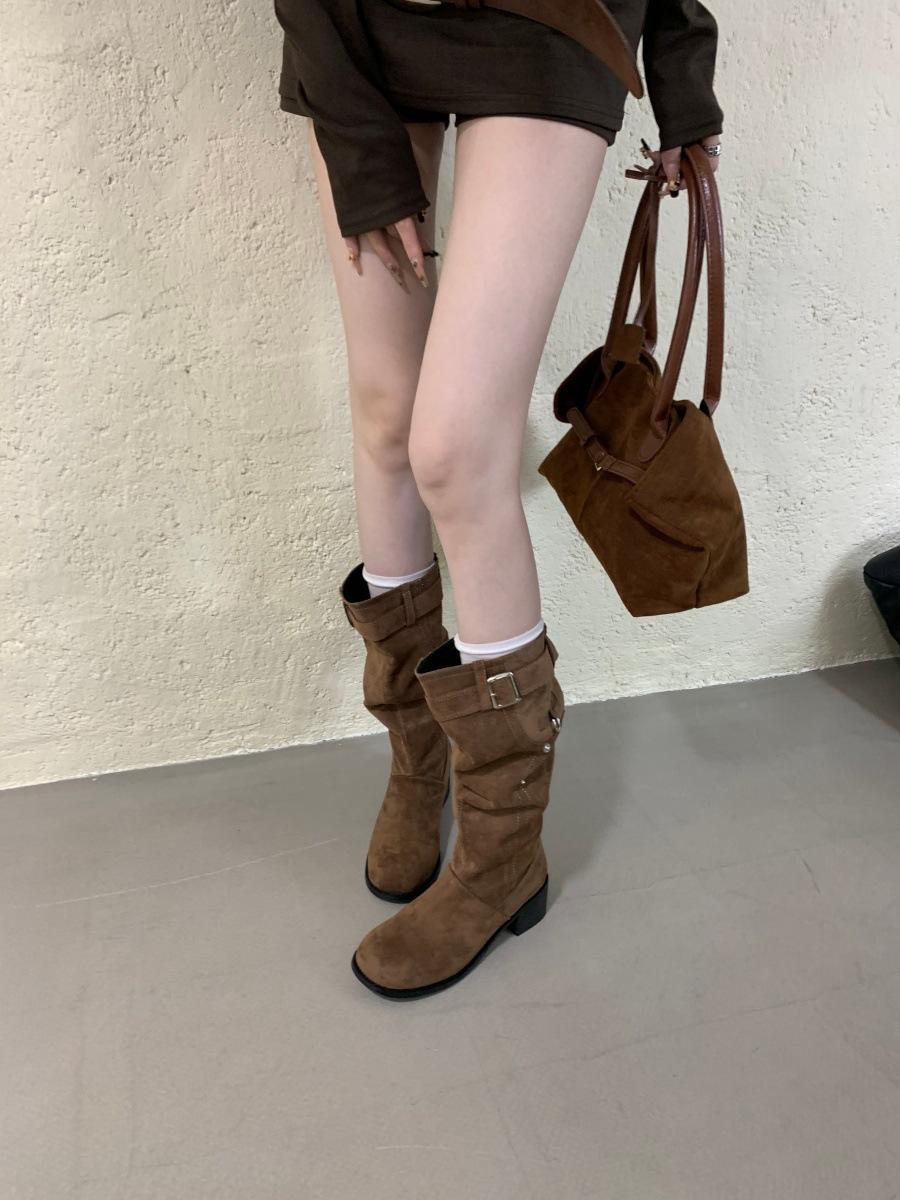 

Pleated big tube boots but knee boots thick heel round head boots women s slim pile boots tall knight boots 39 светло-коричневого