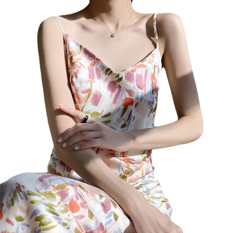 Women's Haute Couture Satin Strap Dress with A Base Beach Travel Holiday Floral Dress