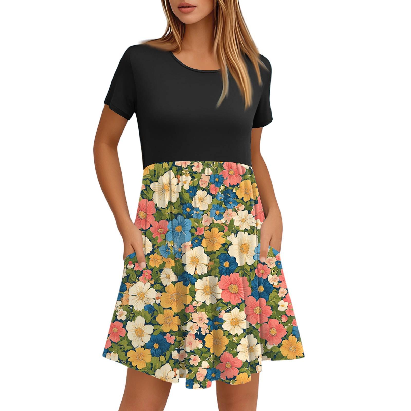 

Женские модные повседневные свободные платья с круглым вырезом и коротким рукавом с принтом и карманами XL жёлтый