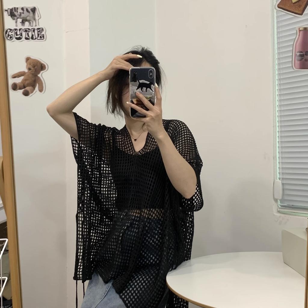 Summer Knitted Hooded Hollow Top for Women Women's Knitted Top V-neck Loose Fashion New Style