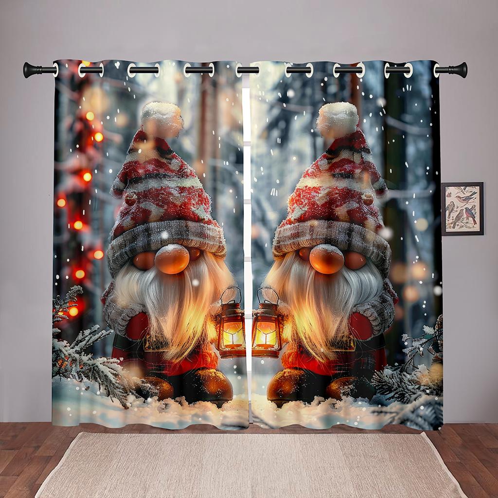 Vánoční gnomské závěsy 2 panely 3D tisk Zatemňovací Zimní dekorace Ložnice Obývací pokoj Severský trpaslík Lucerna Sněhová scéna Svátek