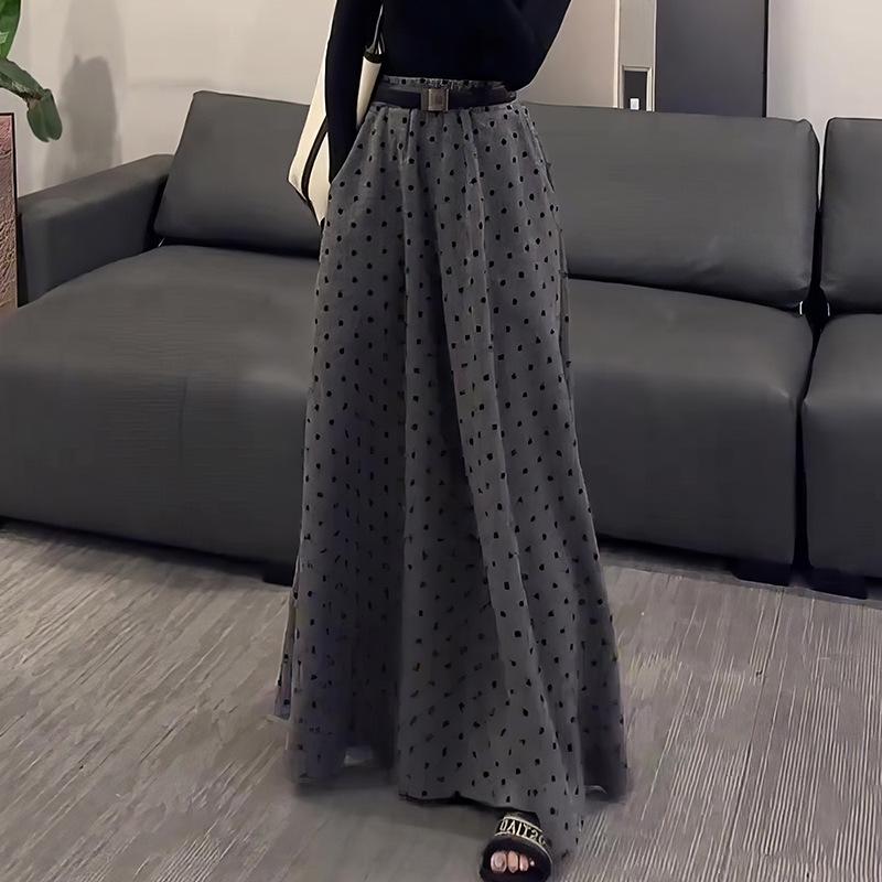 Plus Size Grey Retro Polka Dot Women's Autumn Long Skirt