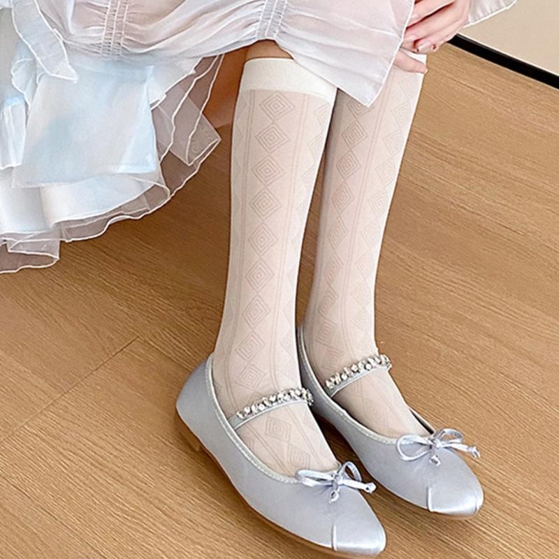 Summer Thin Silk Solid Over the Calf Socks for Womens Japanese Style JK Diamond Striped Pattern Student Long Stockings