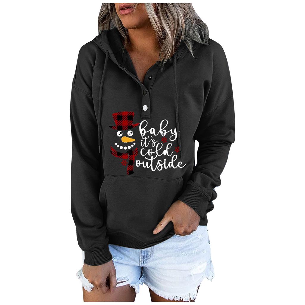 Women  Winter Casual Christmas Fashion Print Hooded Button Sweatshirt