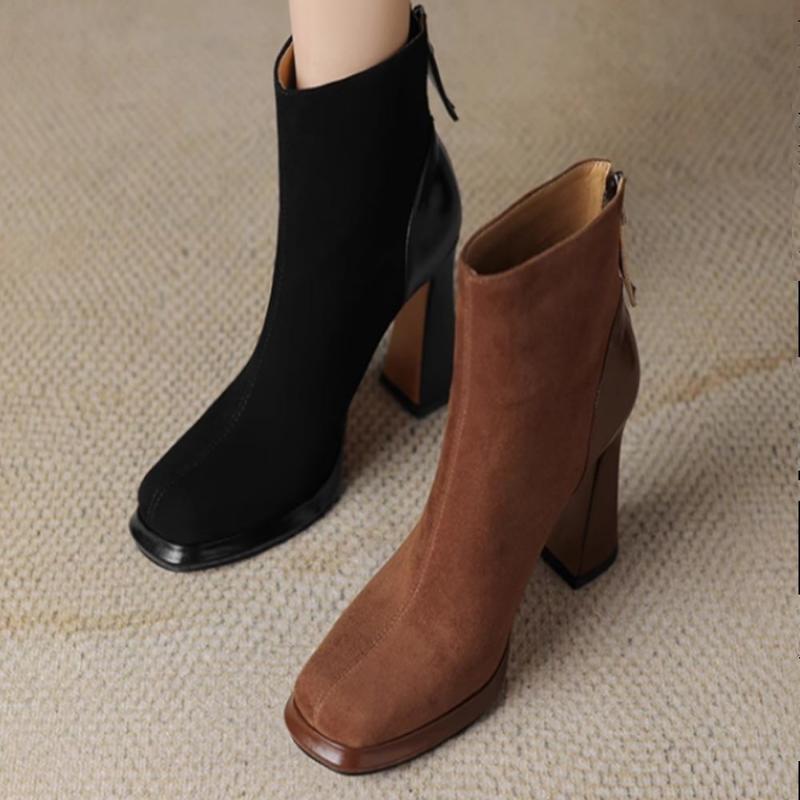 2026 Damen Stiefeletten Hohe Absätze Modeschuhe Klobige Luxus Damen Stiefel Winter Neue Designer Pumps Kleid Wildleder Femme Botas