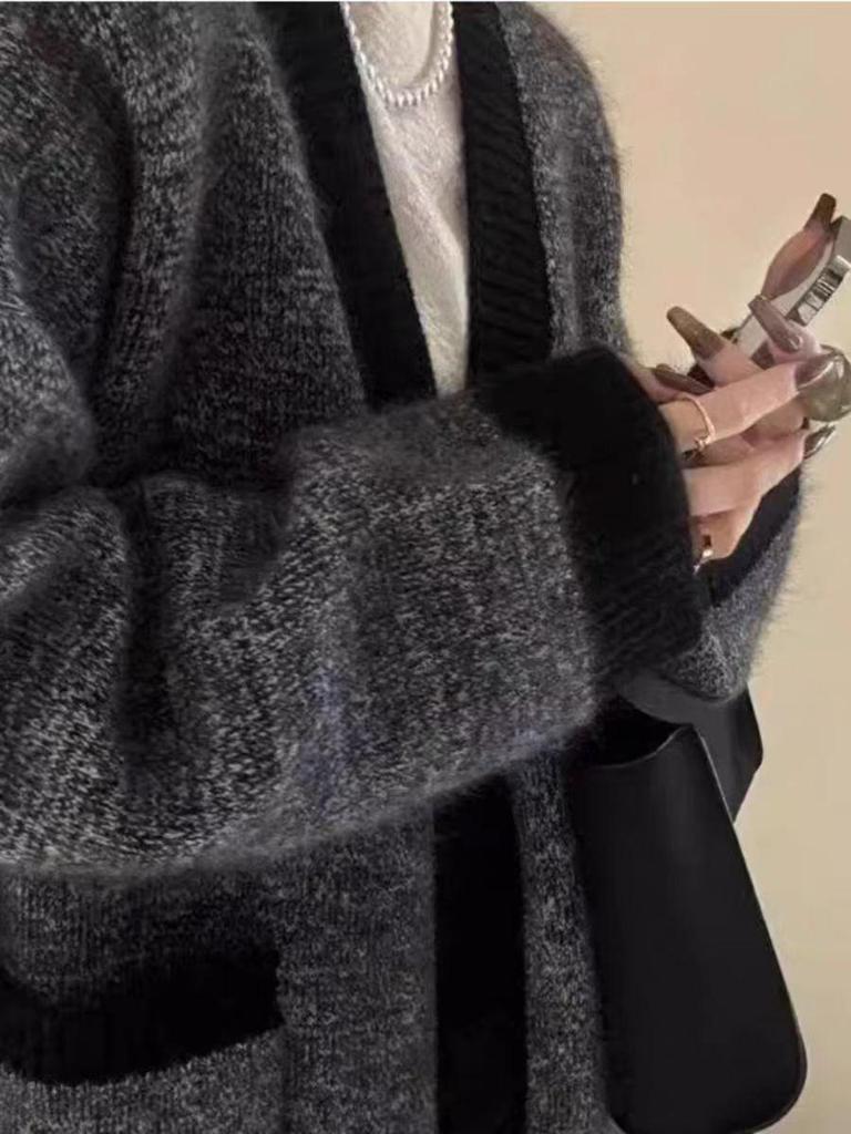 Women's Mid-Length Heavyweight Wool Cardigan Coat - V-Neck, Thick Knit, Autumn/Winter