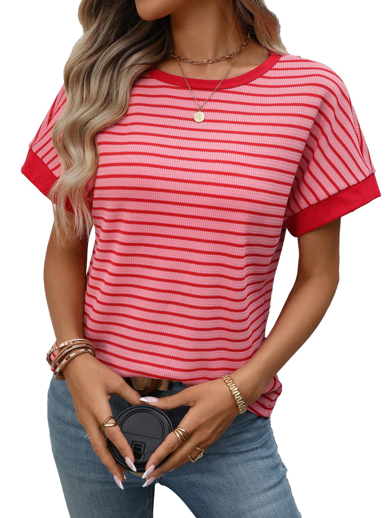 

European and American TikTok summer new women s casual round neck splicing short-sleeved top T-shirt S темно-розовый