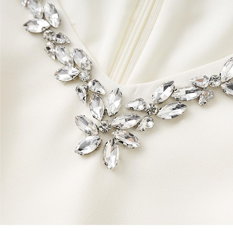 V-Neck Rhinestone Short Sleeve Dress - French Style, High-Quality Women's Summer Fashion