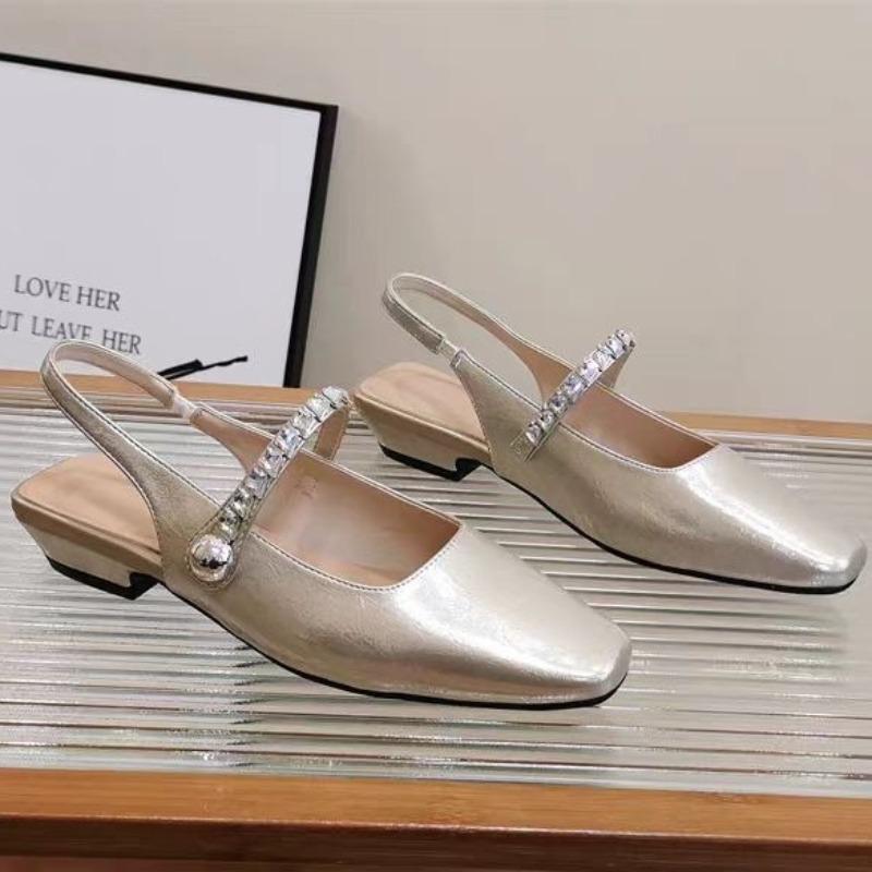 Square Toe Comfort Shoes for Women 2025 Summer Buckle Strap Block Heels Rhinestone Sandals Suit Female Beige Low Chunky Spring