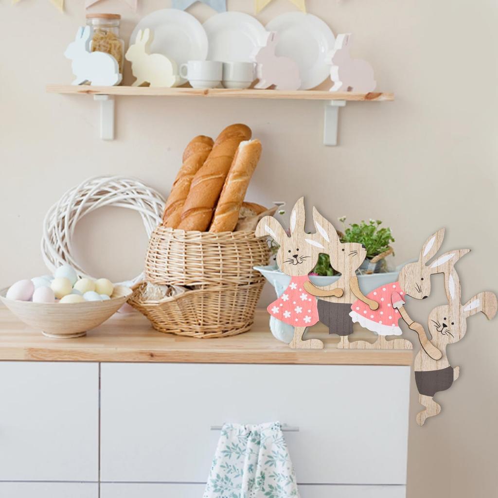 New Easter Painted Rabbit Ornaments Wooden Crafts Home Decoration Door Wall Hanging Pendant Easter Bunny Party Decor