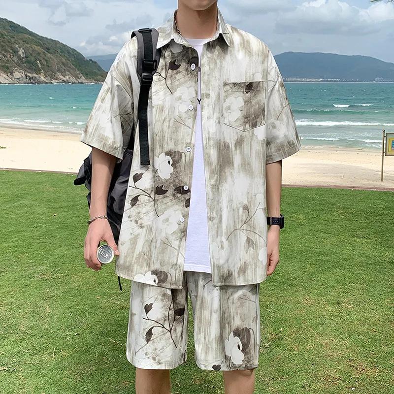 Summer Men's Suit Ins Trendy and Handsome Shorts Ice Silk Beach Shirt Short-sleeved Two-piece Set