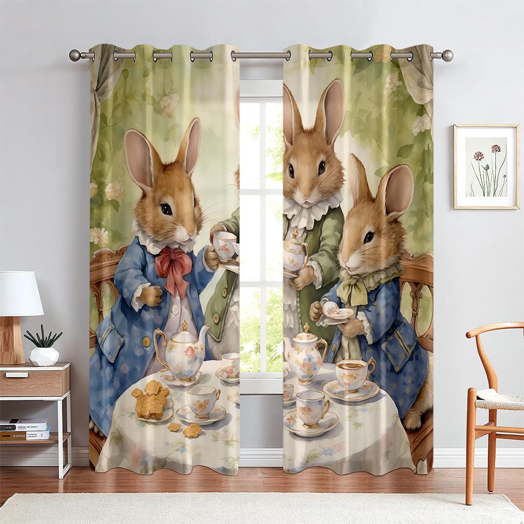 2PCS Cute Bunny Pattern Printed Curtains, Animated Cartoon Easter, Kids Room Rod Pocket Decoration Curtains, Holiday Gifts