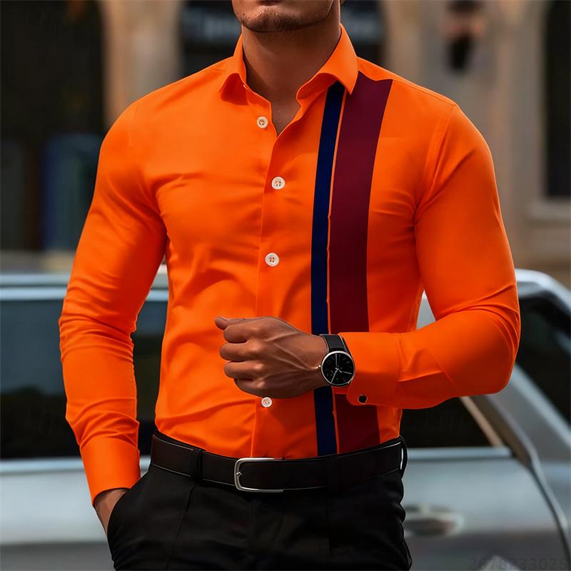 Men's Fashionable Contrast Color Striped Long Sleeve Shirt European and American Style Business Casual Trendy Casual Men's Shirt