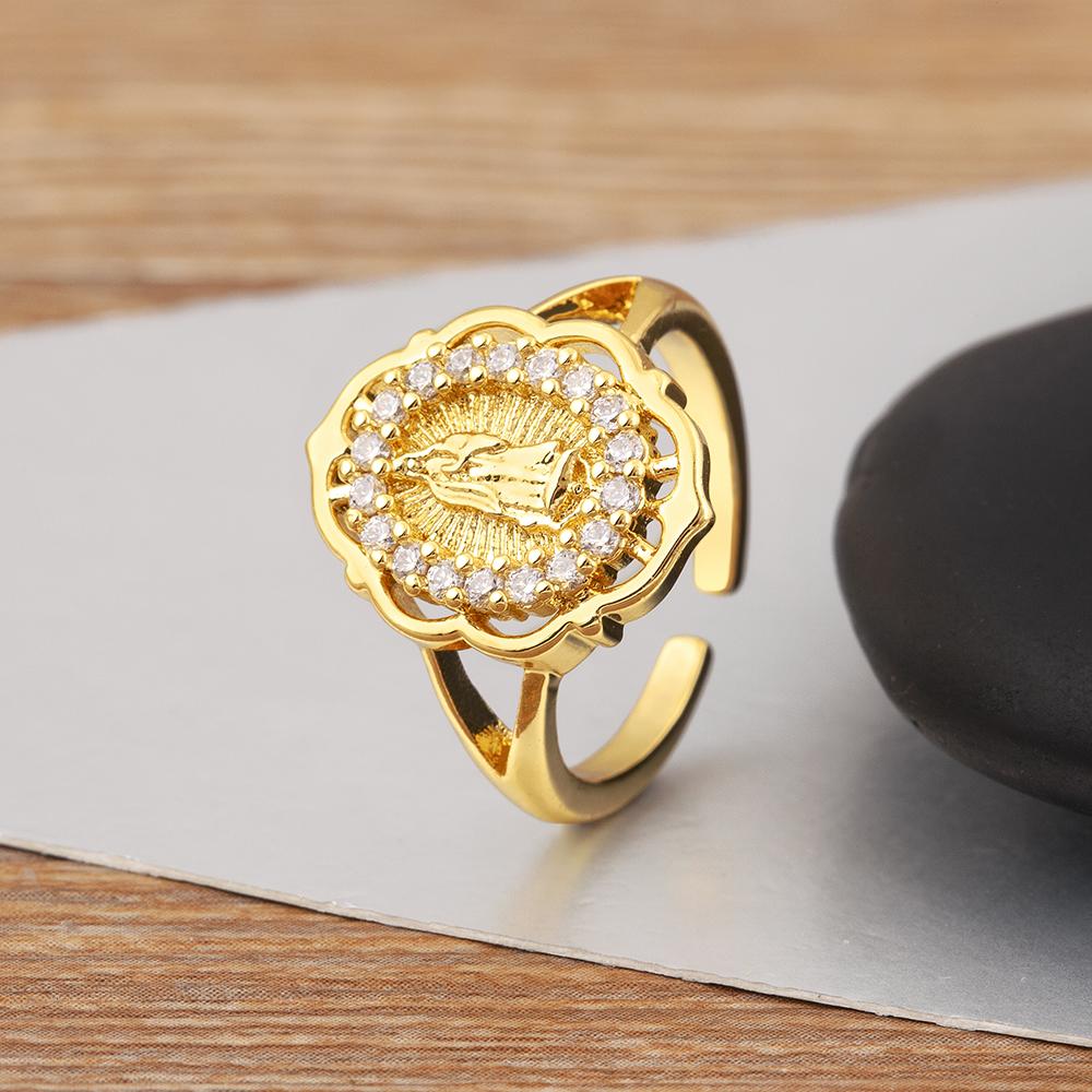 Nidin New Retro Round/Oval Shape Virgin Mary Charm Open Rings Adjustable For Women Men Shine Zircon Finger Jewelry Accessories
