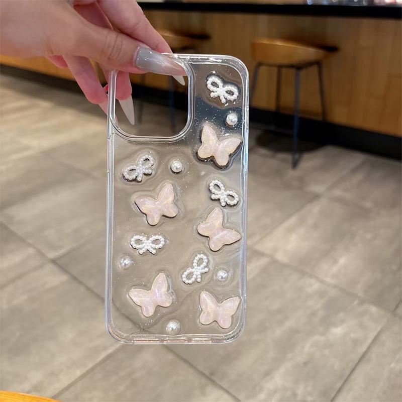 Bow Tie Butterfly Pearl Glitter Pink Phone Case for Apple 16 Promax Transparent for IPhone 17 Small Fresh and Fashionable